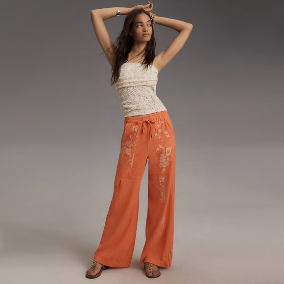 ANTHROPOLOGIE | Pilcro | Embroidered Beach Linen Cargo Pants | NWT - Picture 1 of 5